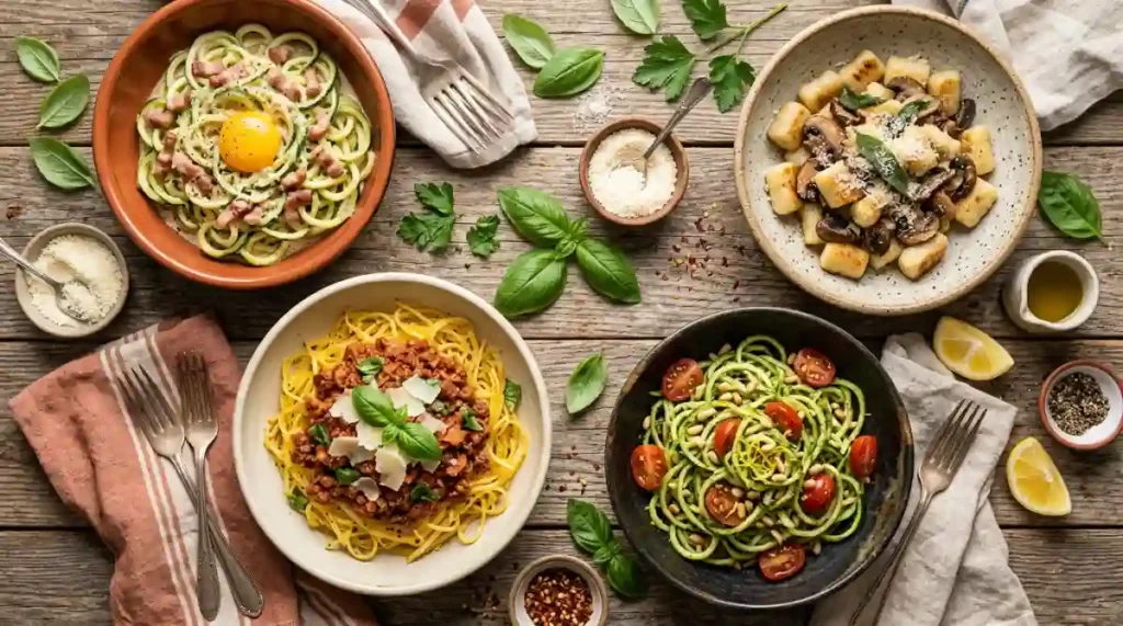 Zucchini noodle carbonara in a bowl, a light and flavorful low-carb pasta dinner