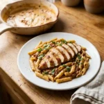 Finished Marry Me Chicken Pasta plated with sliced seared chicken, creamy sun-dried tomato parmesan sauce, and fresh basil