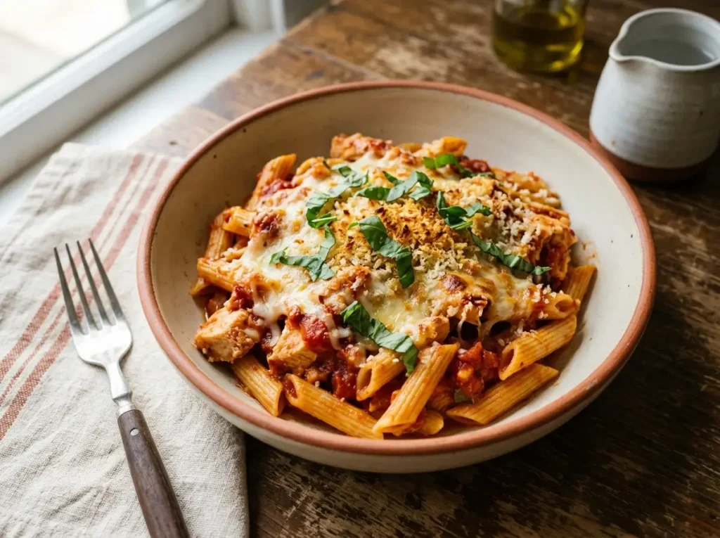 One pot chicken parmesan pasta with melted mozzarella, marinara sauce, and fresh basil in a Dutch oven