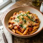 One pot chicken parmesan pasta with melted mozzarella, marinara sauce, and fresh basil in a Dutch oven