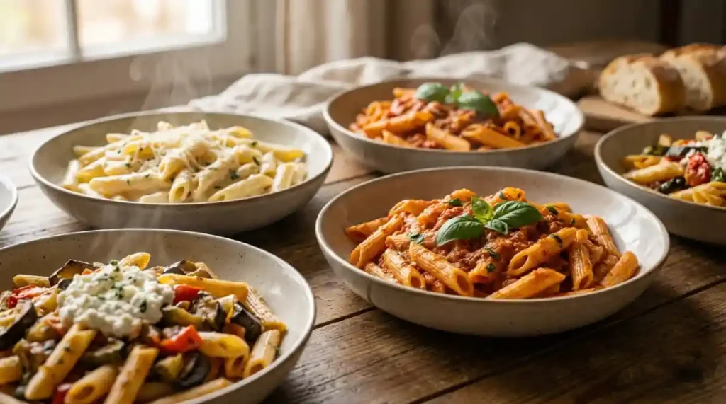 Penne alla vodka in a creamy pink tomato sauce garnished with fresh basil and parmesan