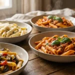 Penne alla vodka in a creamy pink tomato sauce garnished with fresh basil and parmesan
