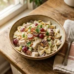 Poppyseed chicken pasta salad with bowtie pasta, grapes, and almonds in a creamy poppyseed dressing