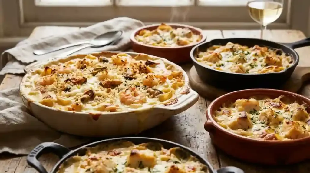 Baked crab mac and cheese with lump crab meat in a rich cheese sauce, topped with golden breadcrumbs