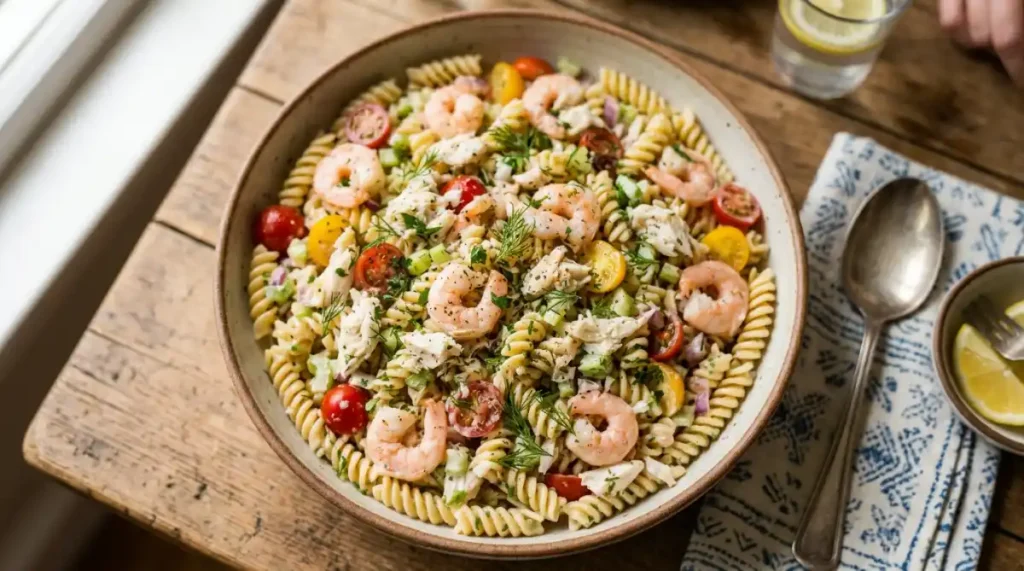 Shrimp and crab pasta salad with cherry tomatoes and dill