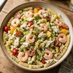 Shrimp and crab pasta salad with cherry tomatoes and dill