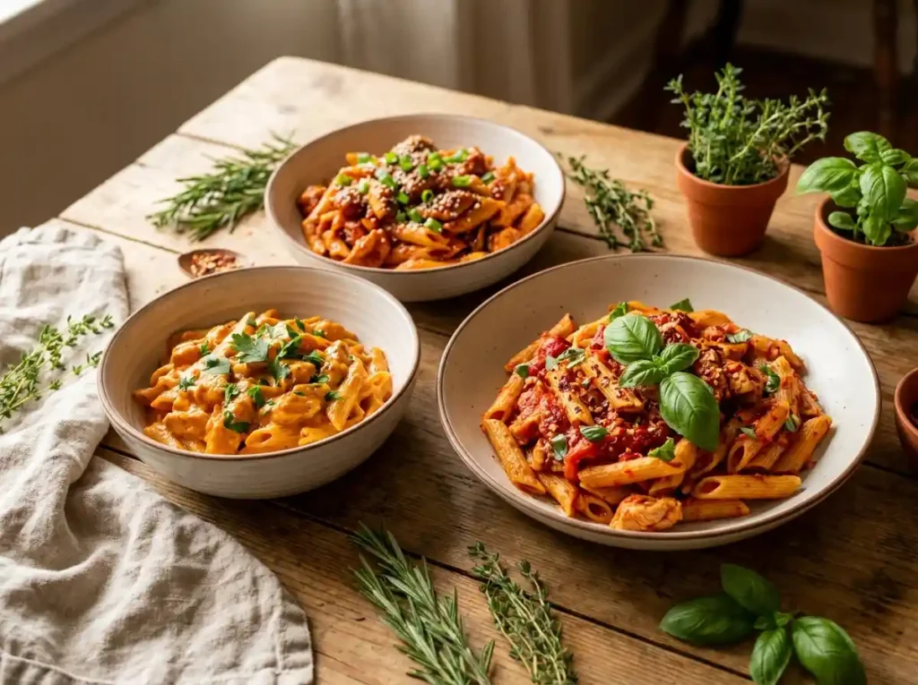 Assorted spicy chicken pasta dishes including spicy arrabbiata chicken pasta, vodka sauce chicken pasta, and gochujang chicken pasta on a wooden table