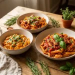 Assorted spicy chicken pasta dishes including spicy arrabbiata chicken pasta, vodka sauce chicken pasta, and gochujang chicken pasta on a wooden table