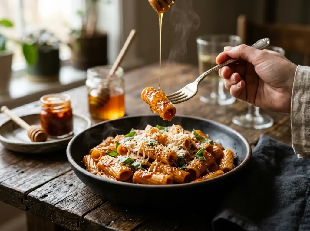 Creamy spicy honey harissa pasta with rigatoni, melted parmesan, honey drizzle and fresh basil in a dark bowl