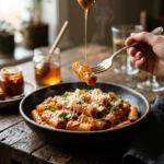 Creamy spicy honey harissa pasta with rigatoni, melted parmesan, honey drizzle and fresh basil in a dark bowl