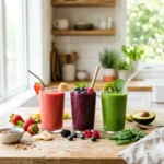 Healthy smoothie recipes including strawberry banana, mixed berry, and green smoothies