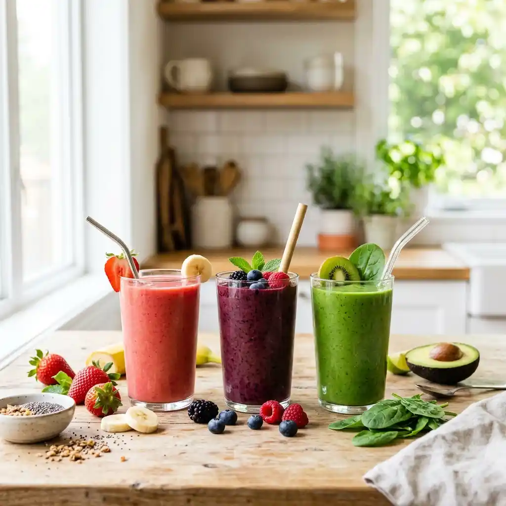 Healthy smoothie recipes including strawberry banana, mixed berry, and green smoothies