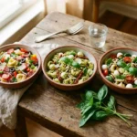Assorted tortellini pasta salads including classic Italian tortellini pasta salad, pesto tortellini pasta salad, and Caprese tortellini pasta salad on a wooden table