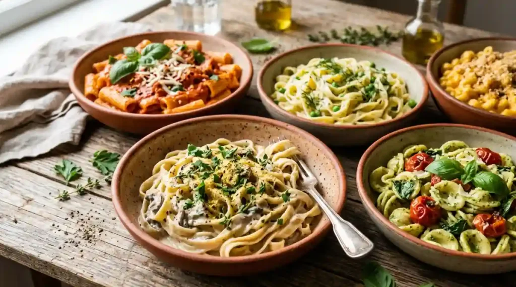 Creamy sun-dried tomato vegan pasta made with a cashew-based sauce over penne pasta, garnished with fresh basil