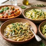 Creamy sun-dried tomato vegan pasta made with a cashew-based sauce over penne pasta, garnished with fresh basil