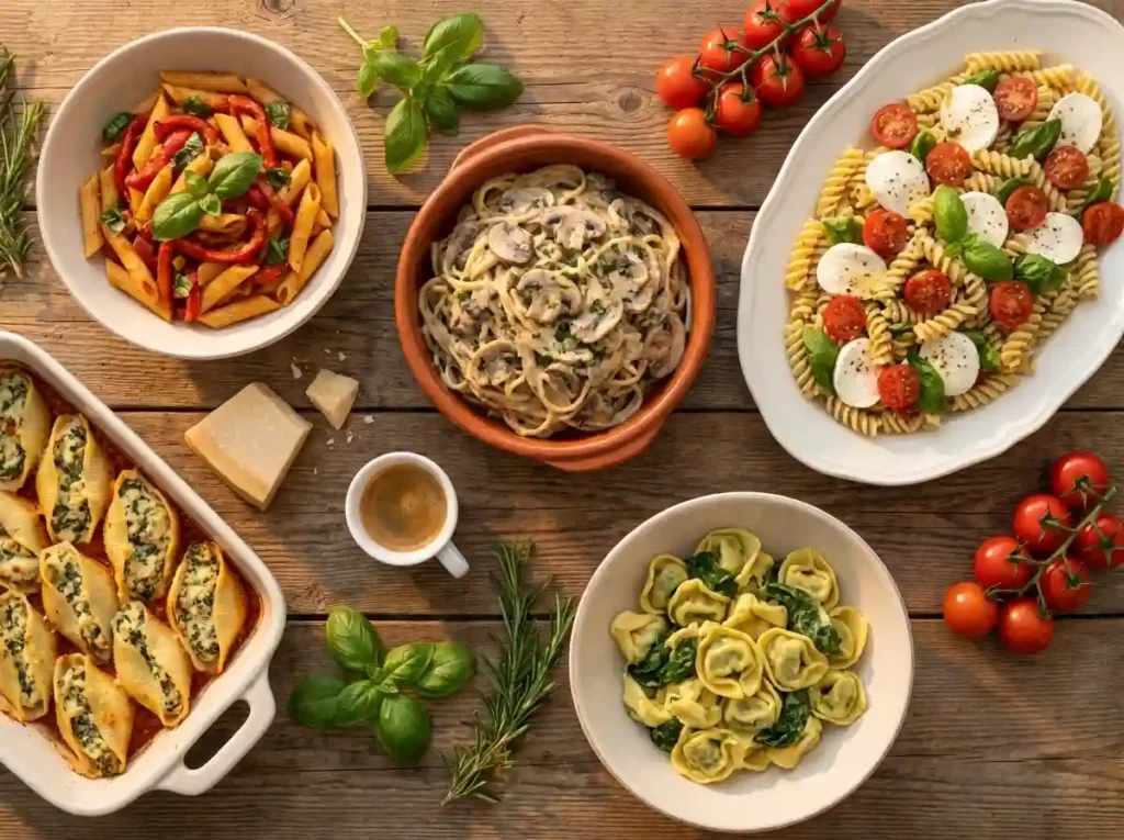 Roasted red pepper pasta twirled on a plate, a bold and flavorful vegetarian pasta dinner"