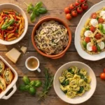 Roasted red pepper pasta twirled on a plate, a bold and flavorful vegetarian pasta dinner"