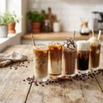 Five iced coffee drinks including caramel macchiato, mocha and cold brew lined up on a wooden table