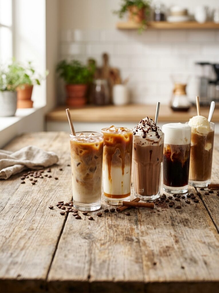 Five iced coffee drinks including caramel macchiato, mocha and cold brew lined up on a wooden table