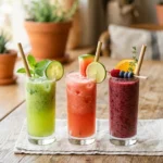 Lineup of light, refreshing smoothies including cucumber mint, watermelon lime, and berry citrus varieties