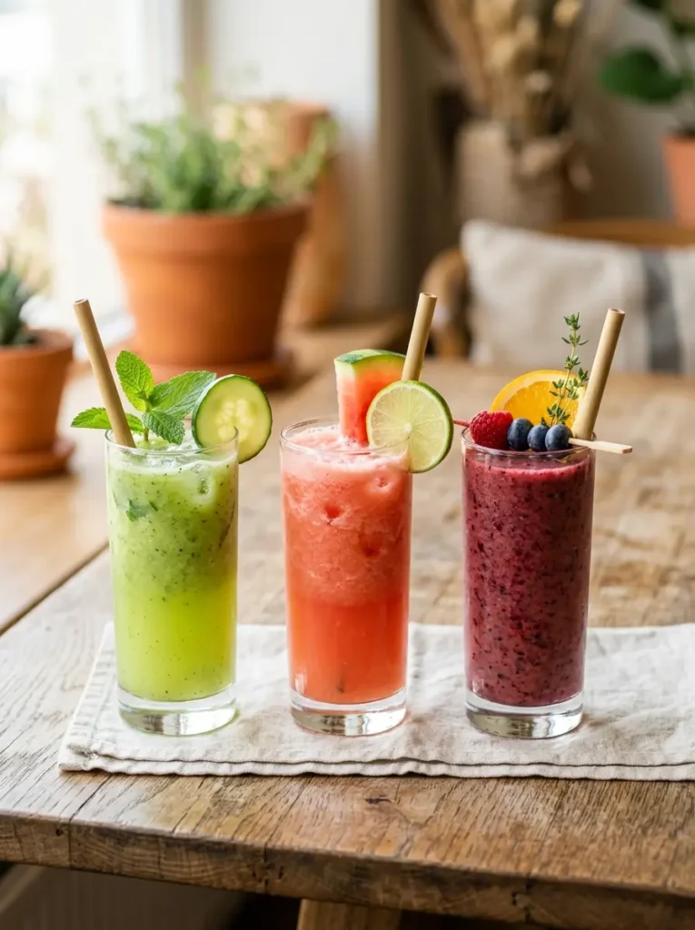 Lineup of light, refreshing smoothies including cucumber mint, watermelon lime, and berry citrus varieties