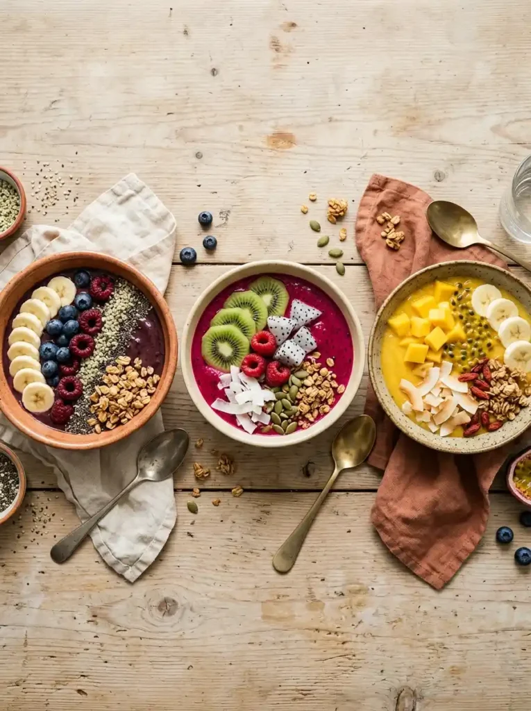 Colorful smoothie bowls topped with fresh fruit, granola, and seeds