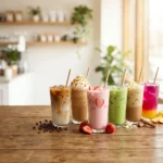 Six copycat Starbucks drinks including caramel macchiato, frappe and matcha latte lined up on a wooden table