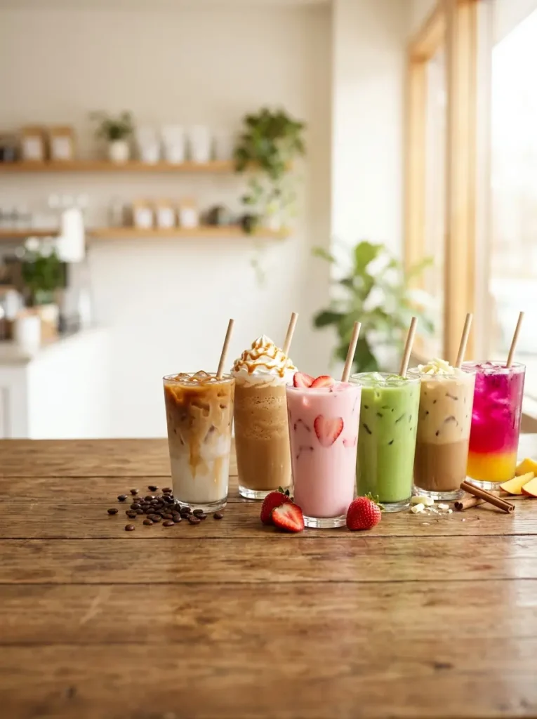 Six copycat Starbucks drinks including caramel macchiato, frappe and matcha latte lined up on a wooden table