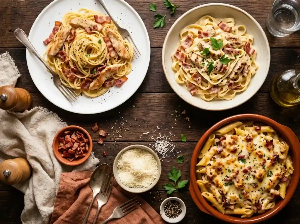 Spread of chicken carbonara recipes including classic spaghetti, creamy fettuccine, and a cheesy carbonara bake
