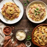 Spread of chicken carbonara recipes including classic spaghetti, creamy fettuccine, and a cheesy carbonara bake