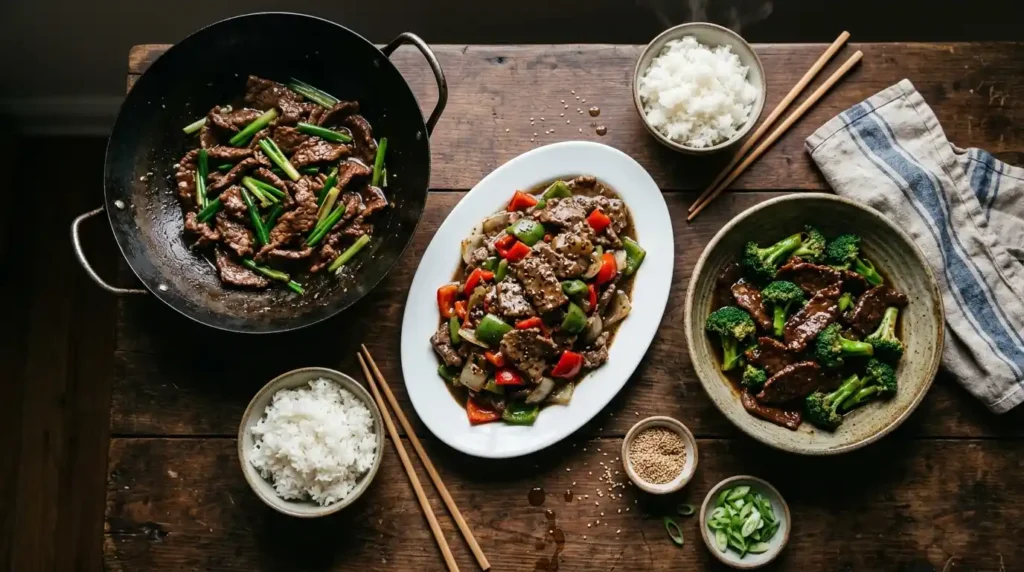 Spread of beef stir fry dinners including Mongolian beef, black pepper beef, and beef and broccoli with steamed rice