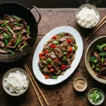 Spread of beef stir fry dinners including Mongolian beef, black pepper beef, and beef and broccoli with steamed rice