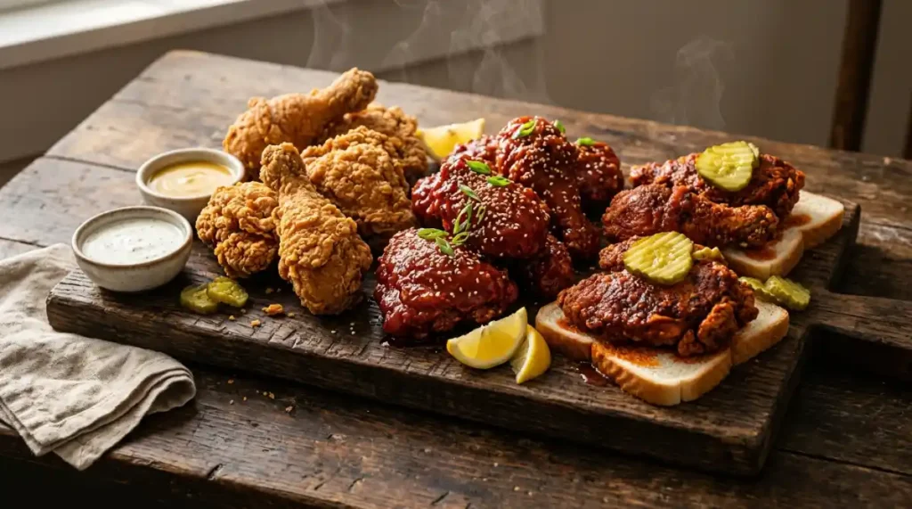 Board of assorted fried chicken with Nashville hot, Korean glazed and classic pieces and dipping sauces