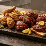Board of assorted fried chicken with Nashville hot, Korean glazed and classic pieces and dipping sauces