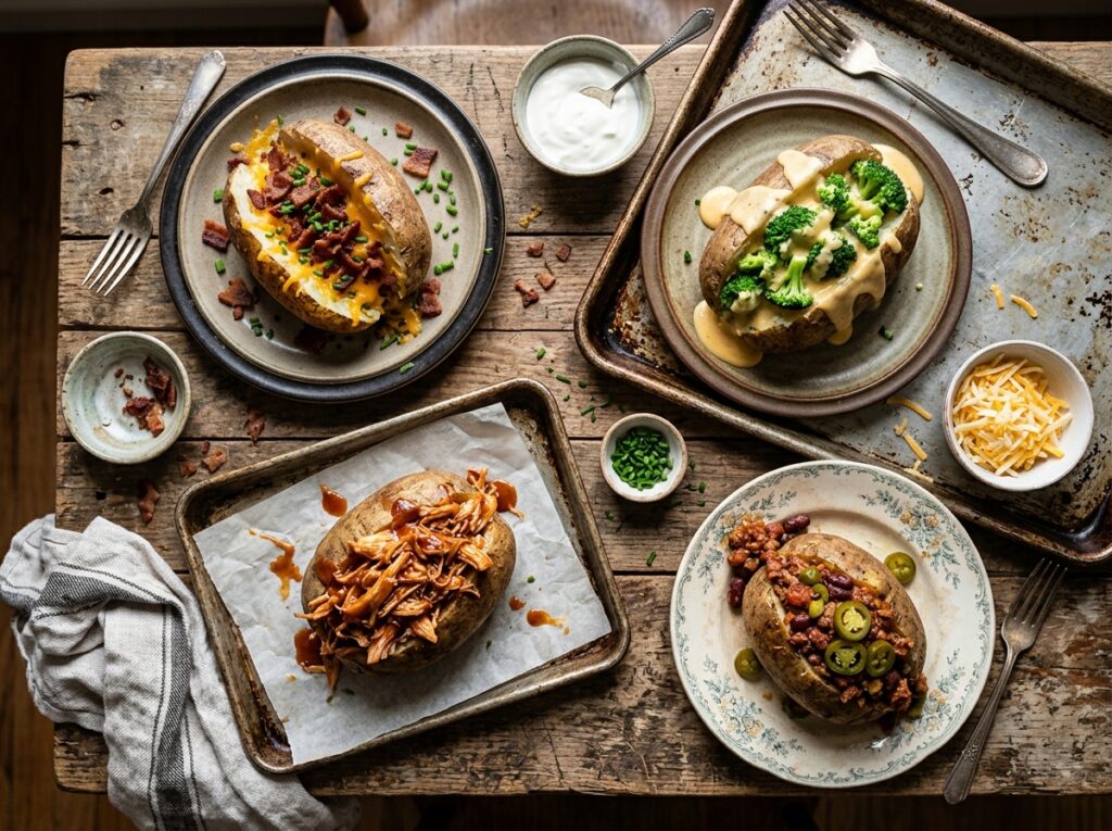 Four loaded baked potatoes with cheese, bacon, broccoli, BBQ chicken, and chili toppings on a wooden table