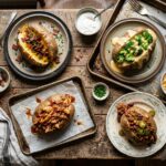 Four loaded baked potatoes with cheese, bacon, broccoli, BBQ chicken, and chili toppings on a wooden table