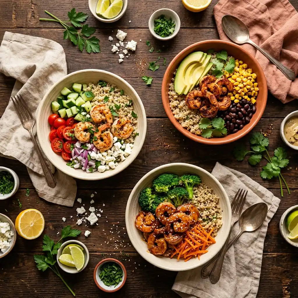 Spread of healthy shrimp quinoa bowls including Mediterranean, Cajun, and teriyaki with fresh vegetables