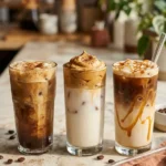 Lineup of trending iced coffee drinks including shaken espresso, dalgona, and caramel macchiato