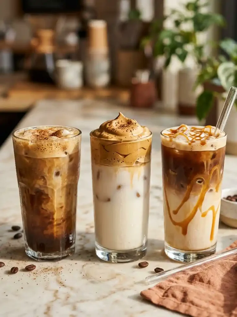 Lineup of trending iced coffee drinks including shaken espresso, dalgona, and caramel macchiato