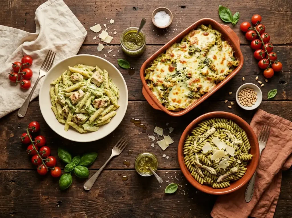 Spread of chicken pesto pasta recipes including creamy penne, pasta bake, and pesto fusilli with fresh basil