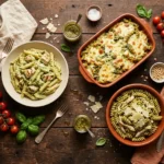 Spread of chicken pesto pasta recipes including creamy penne, pasta bake, and pesto fusilli with fresh basil