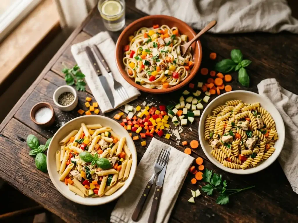 Spread of colorful confetti chicken pasta recipes including classic penne, creamy Alfredo, and garlic butter pasta