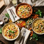 Spread of colorful confetti chicken pasta recipes including classic penne, creamy Alfredo, and garlic butter pasta