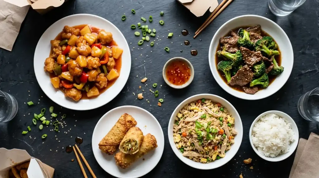 Spread of homemade Chinese dinner recipes including sweet and sour chicken, beef and broccoli, fried rice, and egg rolls
