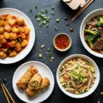 Spread of homemade Chinese dinner recipes including sweet and sour chicken, beef and broccoli, fried rice, and egg rolls