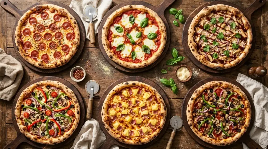 Collage of six homemade pizzas including pepperoni, Margherita, BBQ chicken, veggie, Hawaiian and supreme
