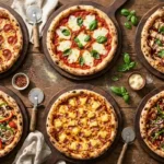 Collage of six homemade pizzas including pepperoni, Margherita, BBQ chicken, veggie, Hawaiian and supreme