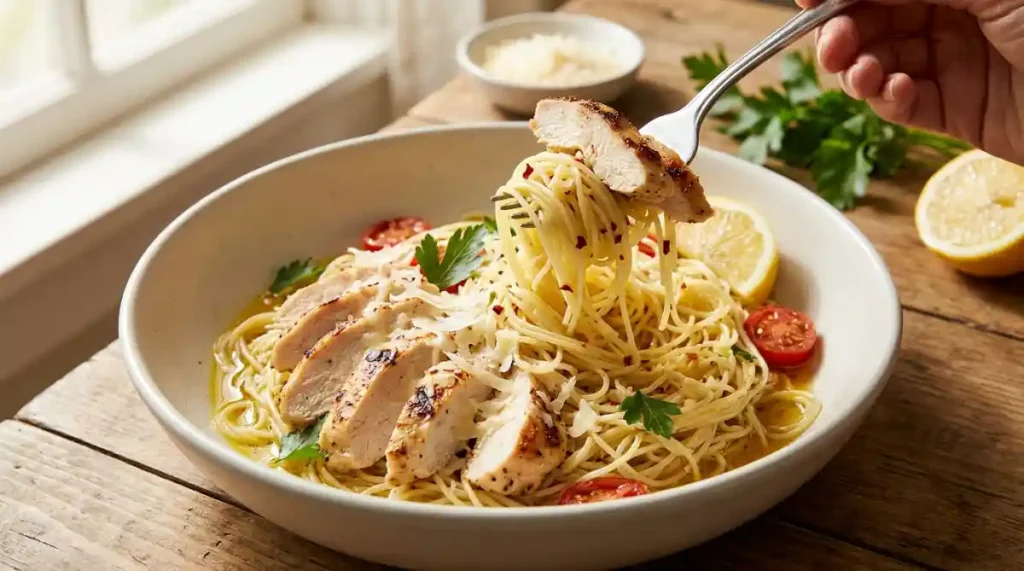 Angel hair pasta with sliced chicken, garlic, parmesan and parsley in a light bowl