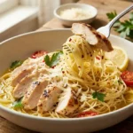 Angel hair pasta with sliced chicken, garlic, parmesan and parsley in a light bowl