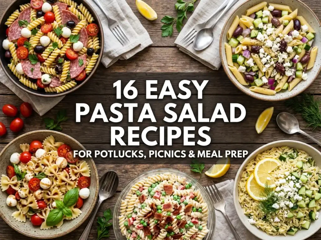 16 easy pasta salad recipes including Italian, Greek, caprese and creamy ranch pasta salads in bowls on a table